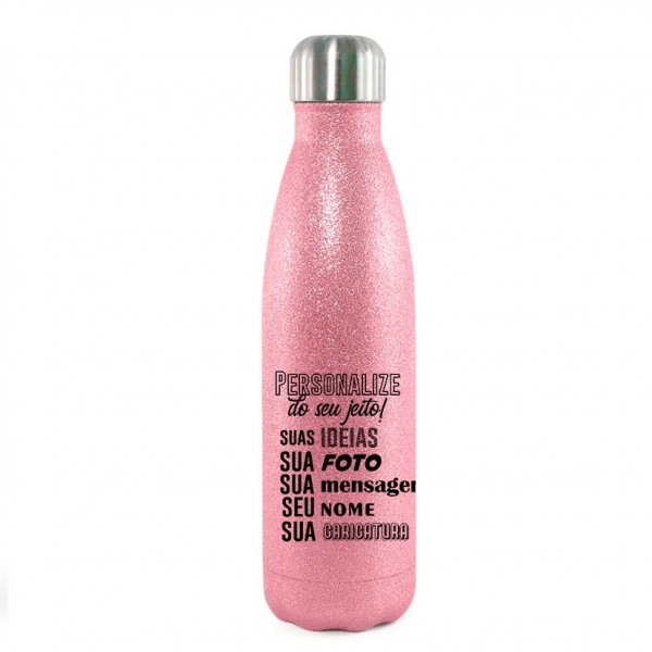 Garrafa Glitter Pink Personalizado Inox Térmica 500 ml